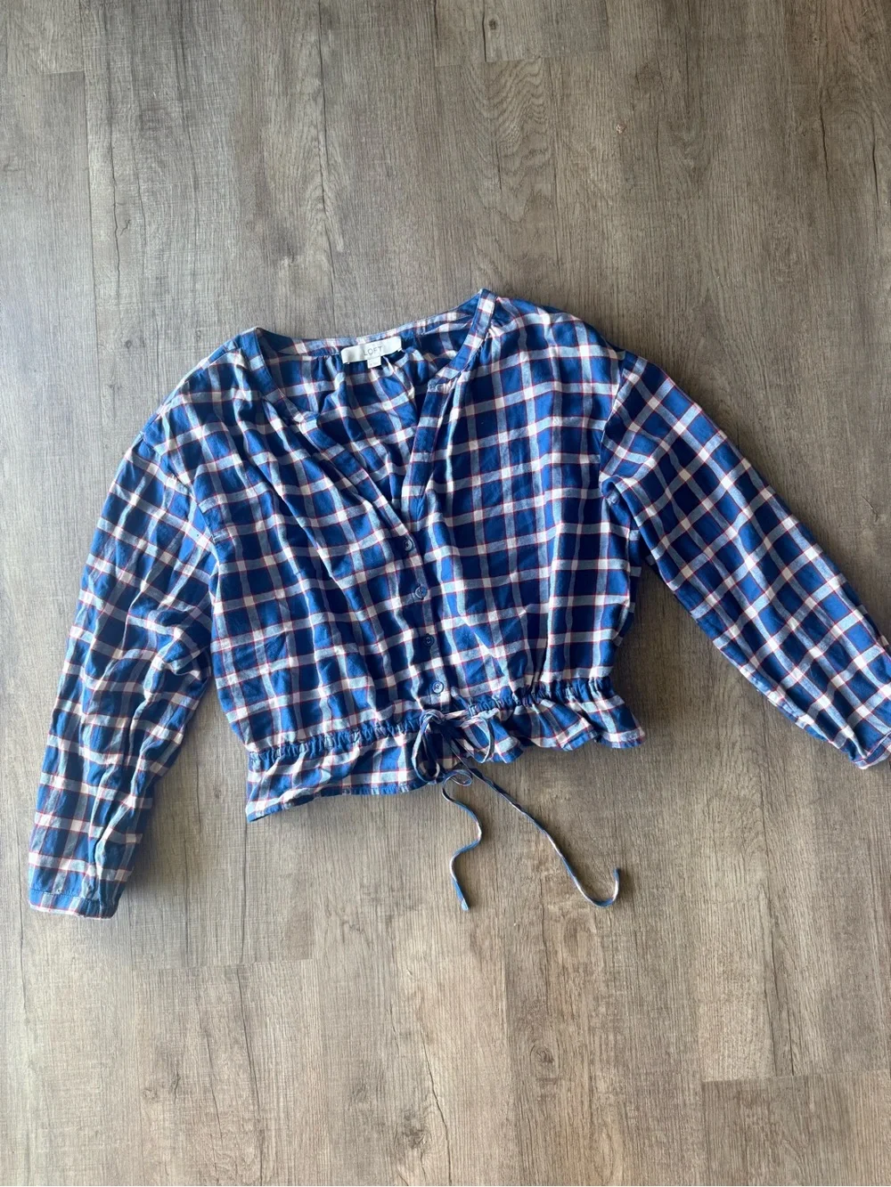 Loft Blue Plaid Midi Length Drawstring Top
